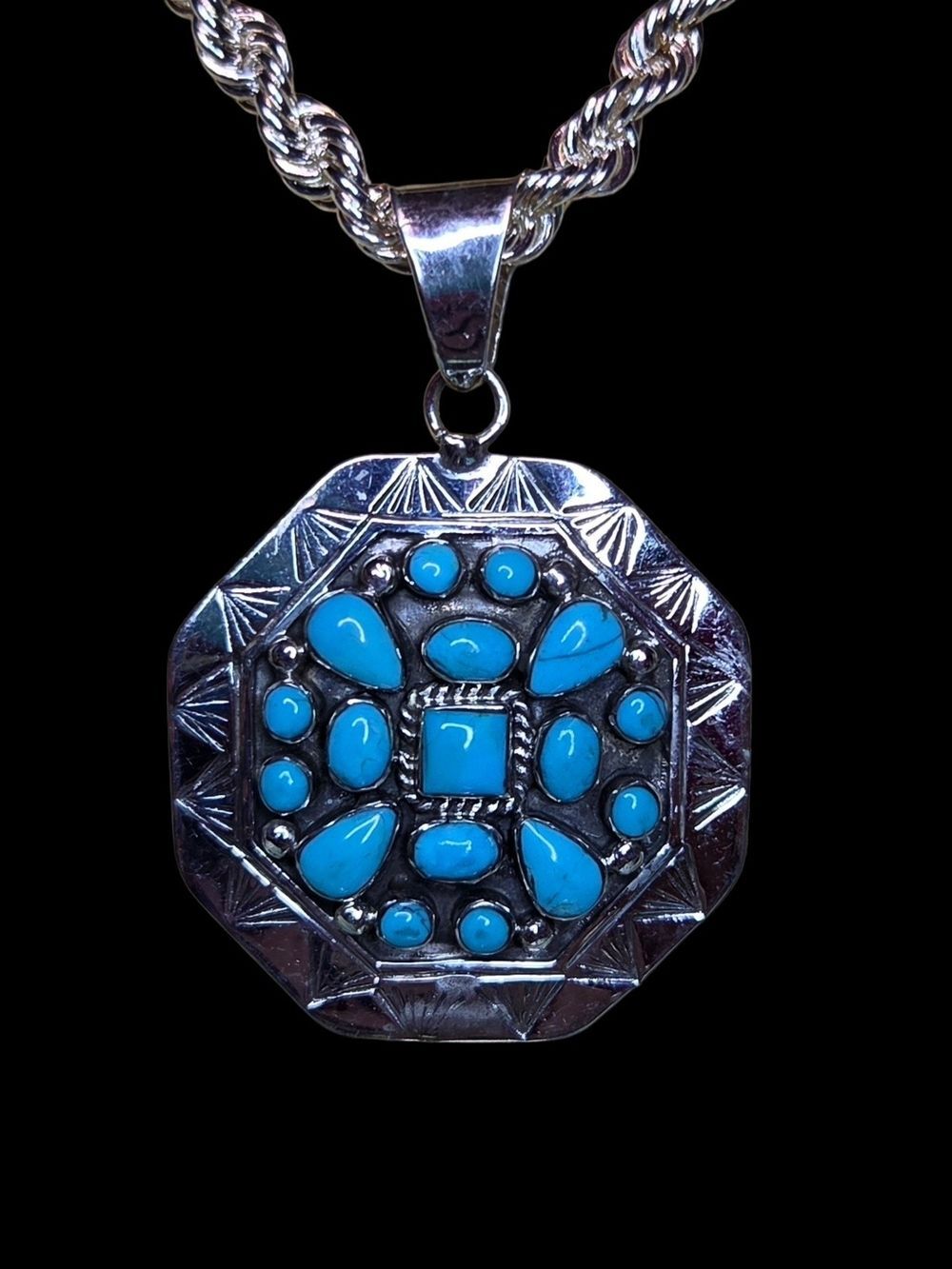 Silver Geometric Octagon Turquoise Cluster Pendant Necklace